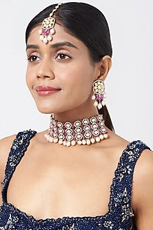 Two Tone Finish Kundan Polki & Pearl Choker Necklace Set