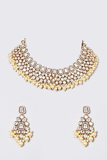 White Finish Kundan Polki & Pearl Necklace Set