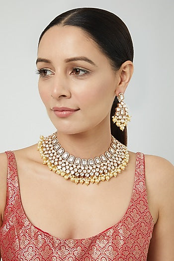 White Finish Kundan Polki & Pearl Necklace Set