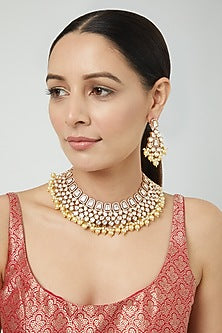 White Finish Kundan Polki & Pearl Necklace Set