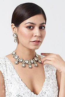 White Rhodium Finish Kundan Polki Necklace Set