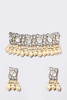 White Finish Kundan Polki & Pearl Necklace Set