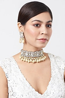 White Finish Kundan Polki & Pearl Necklace Set