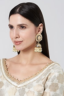 Gold Plated Kundan Polki & Pearl Jhumka Earrings