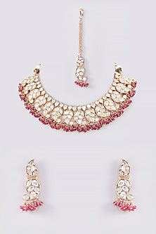 Gold Plated Pink Kundan Polki Necklace Set