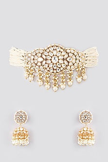 Gold Plated Kundan Polki & Pearl String Choker Necklace Set