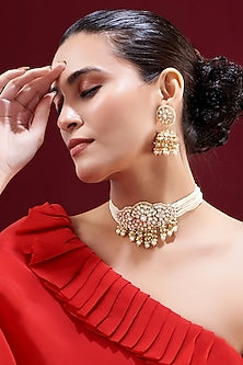 Gold Plated Kundan Polki & Pearl String Choker Necklace Set