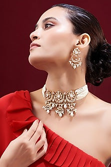 Gold Plated Kundan Polki & Pearl String Choker Necklace Set