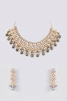 Gold Plated Kundan Polki & Grey Pearl Necklace Set