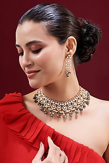 Gold Plated Kundan Polki & Grey Pearl Necklace Set