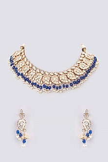 Gold Plated Blue Kundan Polki Necklace Set