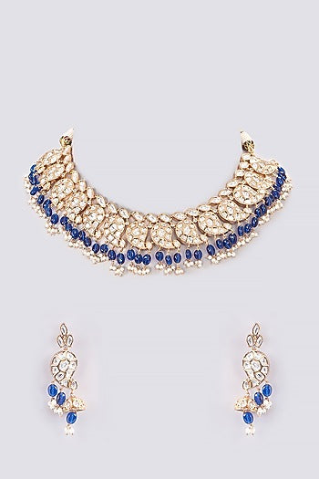 Gold Plated Blue Kundan Polki Necklace Set
