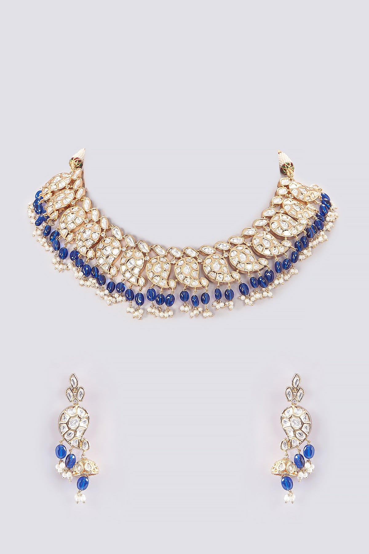 Gold Plated Blue Kundan Polki Necklace Set