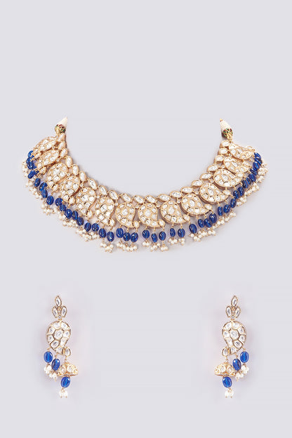 Gold Plated Blue Kundan Polki Necklace Set