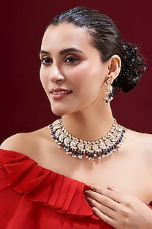 Gold Plated Blue Kundan Polki Necklace Set