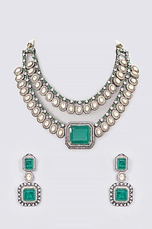 Black Rhodium Finish Kundan Polki & Green Stone Layered Necklace Set