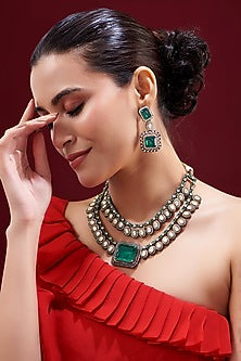 Black Rhodium Finish Kundan Polki & Green Stone Layered Necklace Set