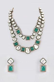 Black Rhodium Finish Kundan Polki & Green Stone Layered Necklace Set