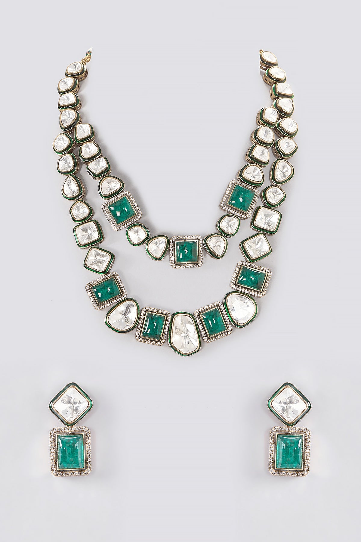 Black Rhodium Finish Kundan Polki & Green Stone Layered Necklace Set