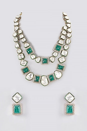 Black Rhodium Finish Kundan Polki & Green Stone Layered Necklace Set