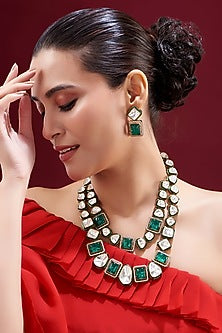 Black Rhodium Finish Kundan Polki & Green Stone Layered Necklace Set