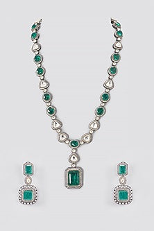Black Rhodium Finish Kundan Polki & Green Stone Long Necklace Set