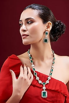 Black Rhodium Finish Kundan Polki & Green Stone Long Necklace Set