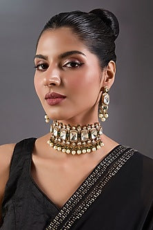 Black Rhodium Finish Kundan Polki & Green Stone Choker Necklace Set