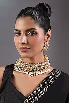 Black Rhodium Finish Kundan Polki & Navratna Stone Necklace Set