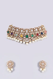 Black Rhodium Finish Kundan Polki & Navratna Stone Necklace Set