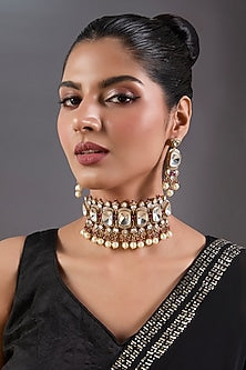 Black Rhodium Finish Kundan Polki & Red Stone Choker Necklace Set