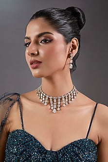 White Finish Diamond Necklace Set