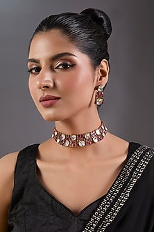 Black Rhodium Finish Kundan Polki & Pink Stone Choker Necklace Set