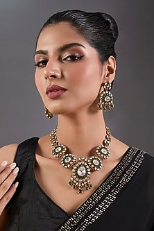 Black Rhodium Finish Kundan Polki & Green Stone Long Necklace Set