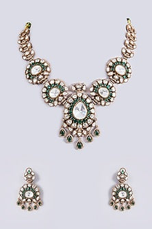 Black Rhodium Finish Kundan Polki & Green Stone Long Necklace Set
