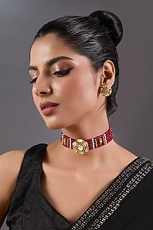 Gold Finish Red Beaded & Pearl Choker Necklace Set