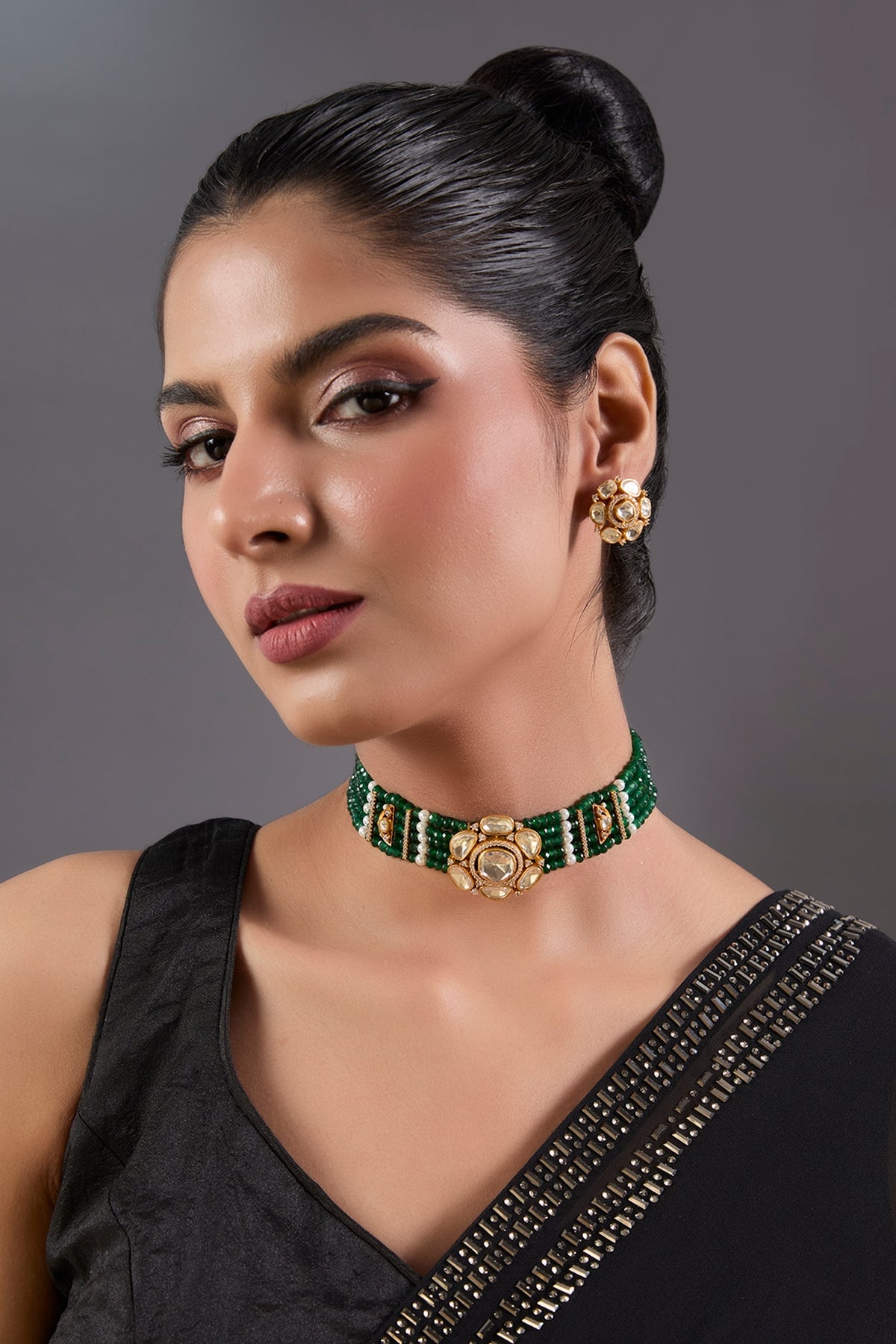 Gold Finish Green Beaded & Pearl Choker Necklace Set