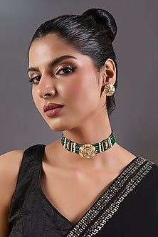 Gold Finish Green Beaded & Pearl Choker Necklace Set