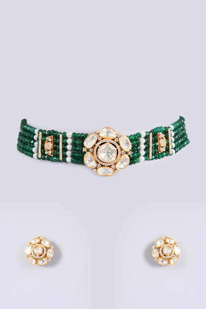 Gold Finish Green Beaded & Pearl Choker Necklace Set