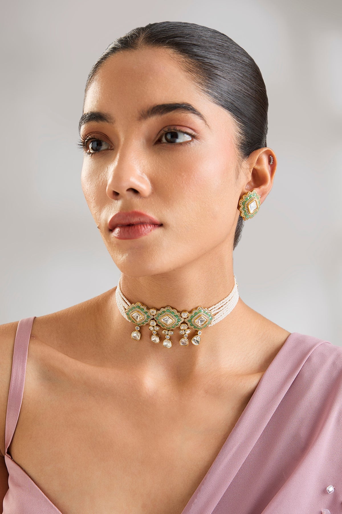 Two-Tone Finish Kundan Polki & Pearl Drop Mint Green Meenakari Choker Necklace Set
