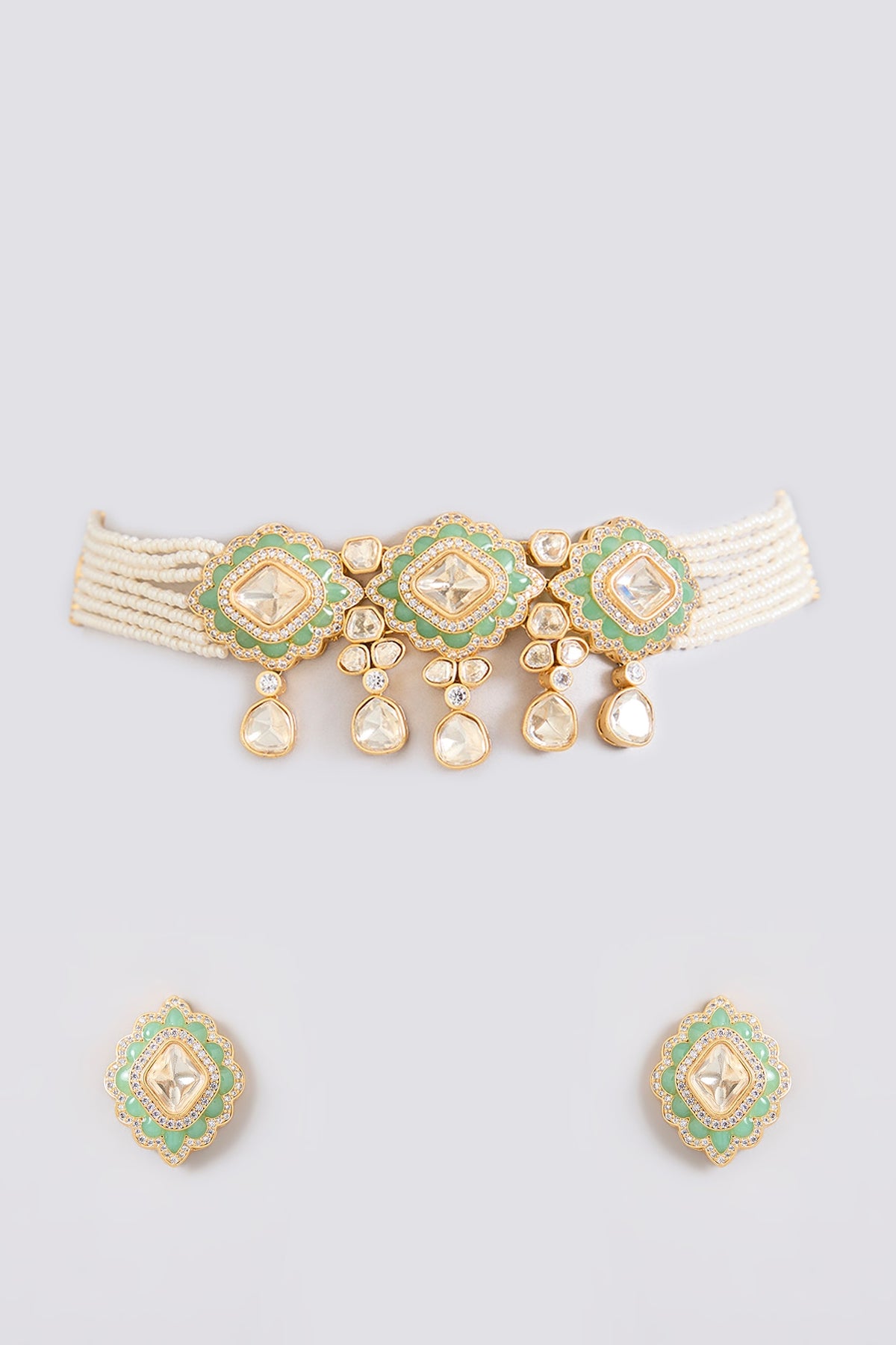 Two-Tone Finish Kundan Polki & Pearl Drop Mint Green Meenakari Choker Necklace Set