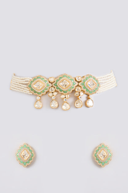 Two-Tone Finish Kundan Polki & Pearl Drop Mint Green Meenakari Choker Necklace Set