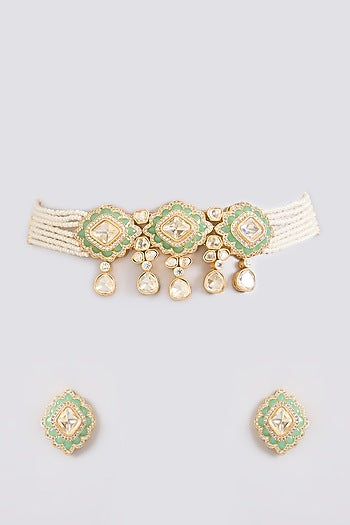 Two-Tone Finish Kundan Polki & Pearl Drop Mint Green Meenakari Choker Necklace Set