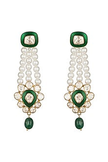 Gold Plated Moissanite Stone & Pearl Enameled Dangler Earrings In Sterling Silver