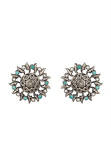 Silver Finish Turquoise Stone & Pearl Stud Earrings In Sterling Silver