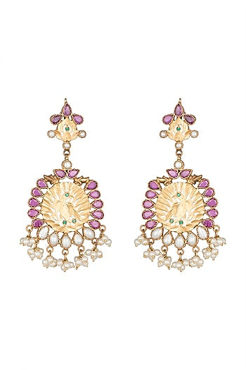 Gold Plated Emerald & Pearl Dangler Earrings In Sterling Silver