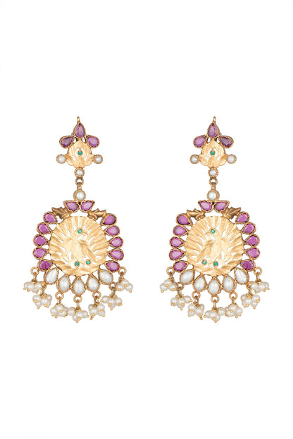 Gold Plated Emerald & Pearl Dangler Earrings In Sterling Silver