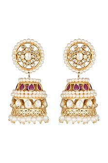 Gold Plated Moissanite Ruby & Pearl Jhumka Earrings In Sterling Silver