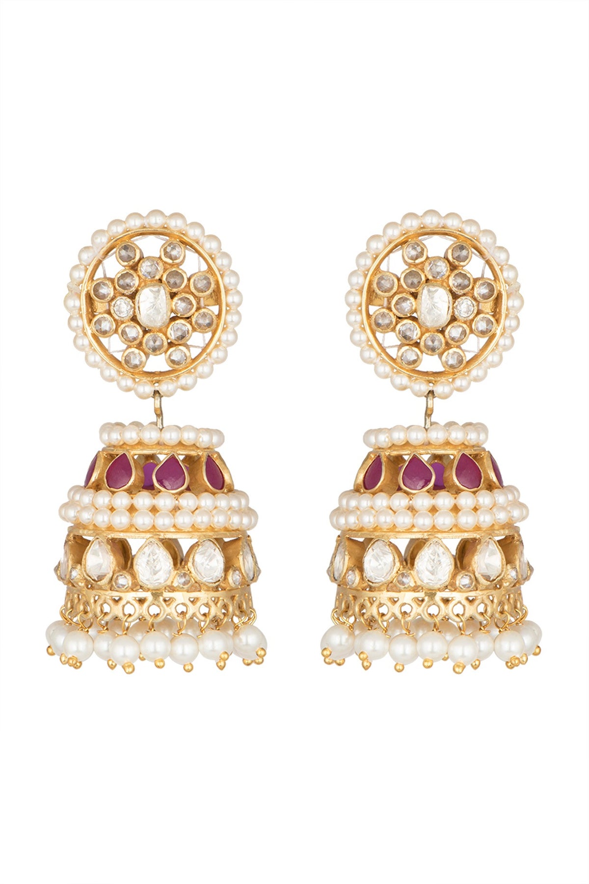Gold Plated Moissanite Ruby & Pearl Jhumka Earrings In Sterling Silver
