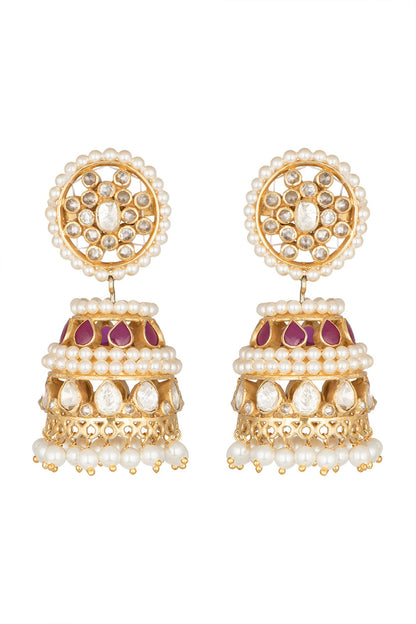 Gold Plated Moissanite Ruby & Pearl Jhumka Earrings In Sterling Silver